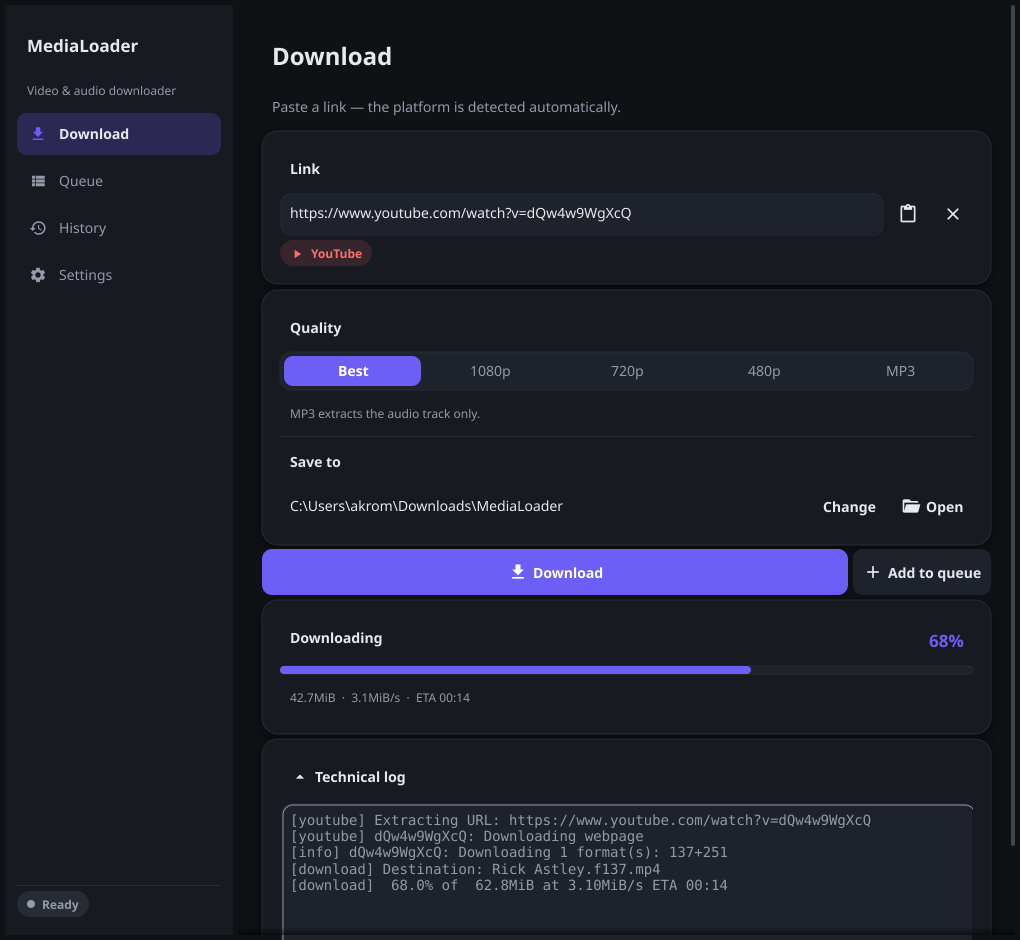 Download page with the technical log open